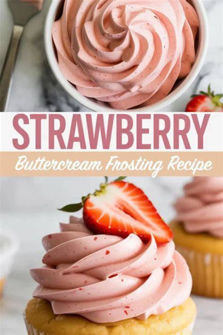 Strawberry buttercream frosting swirled in a white bowl.